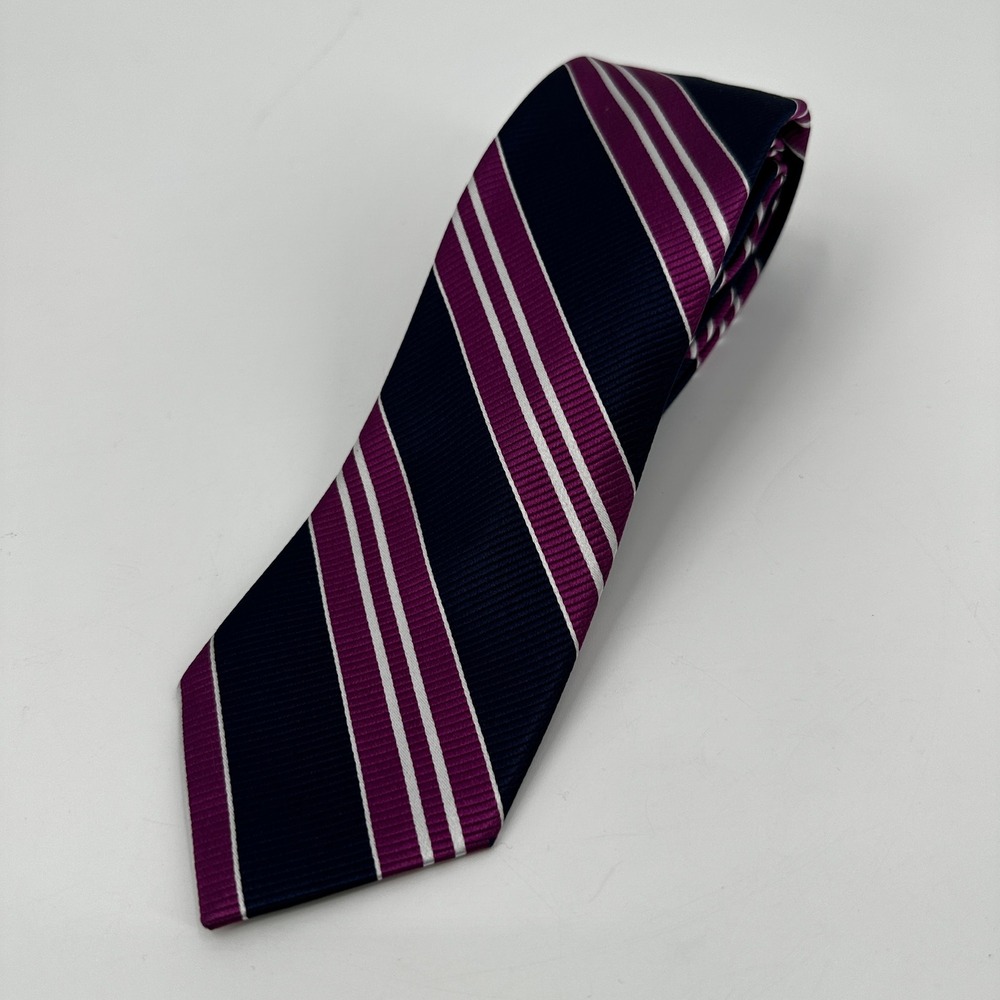JOS A BANK TRAVELER Navy Purple White Stripe Silk Necktie Mens Stain Resistant